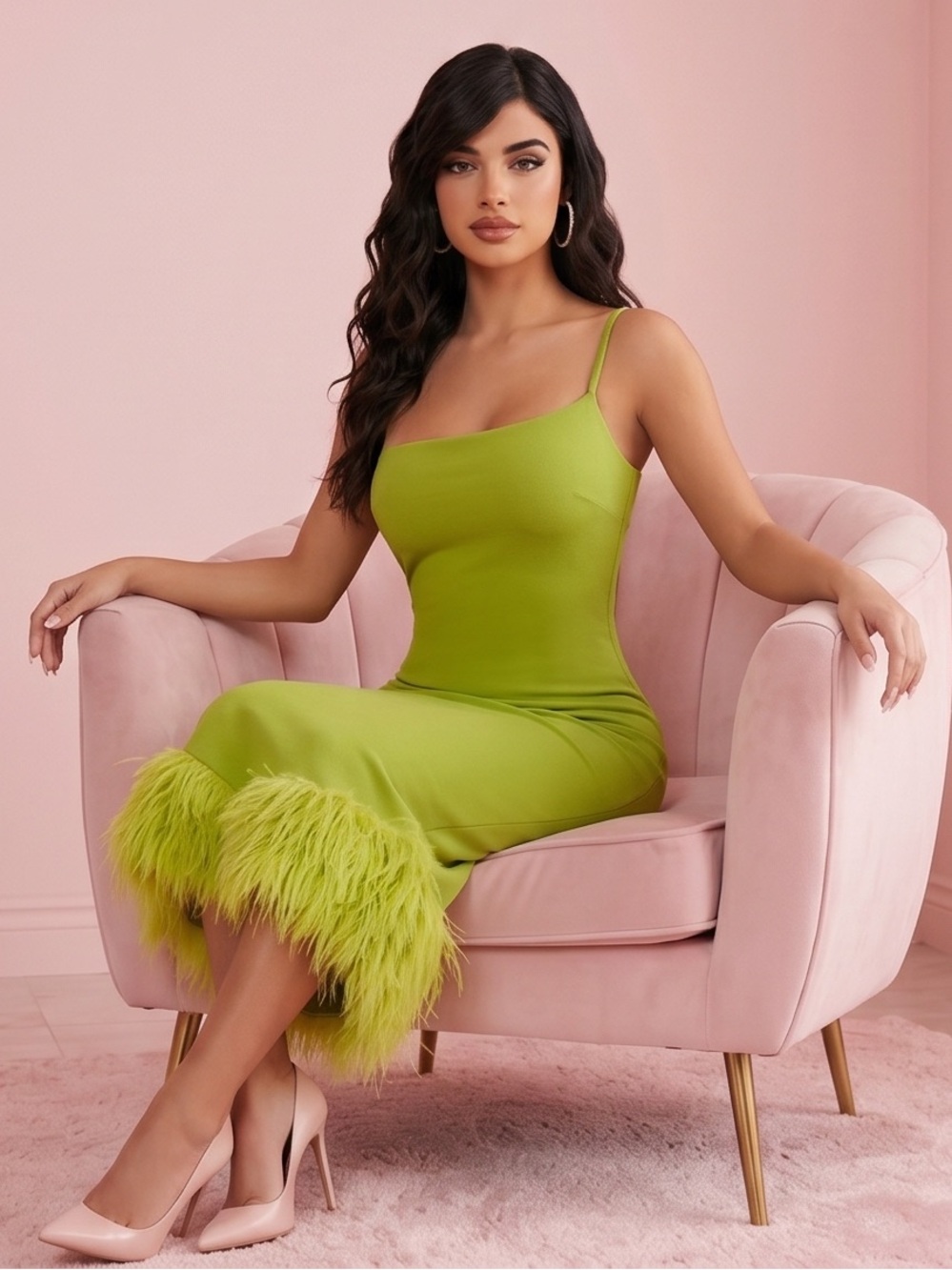 Green one shoulder spaghetti strap faux fur hem cocktail party dress large